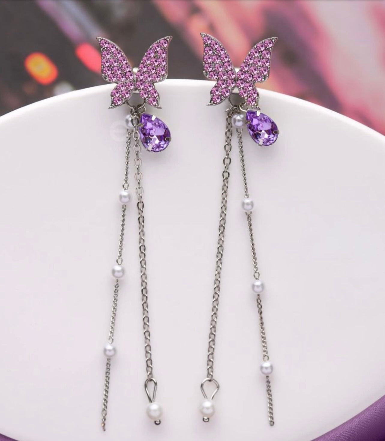 Purple butterfly tassel earrings