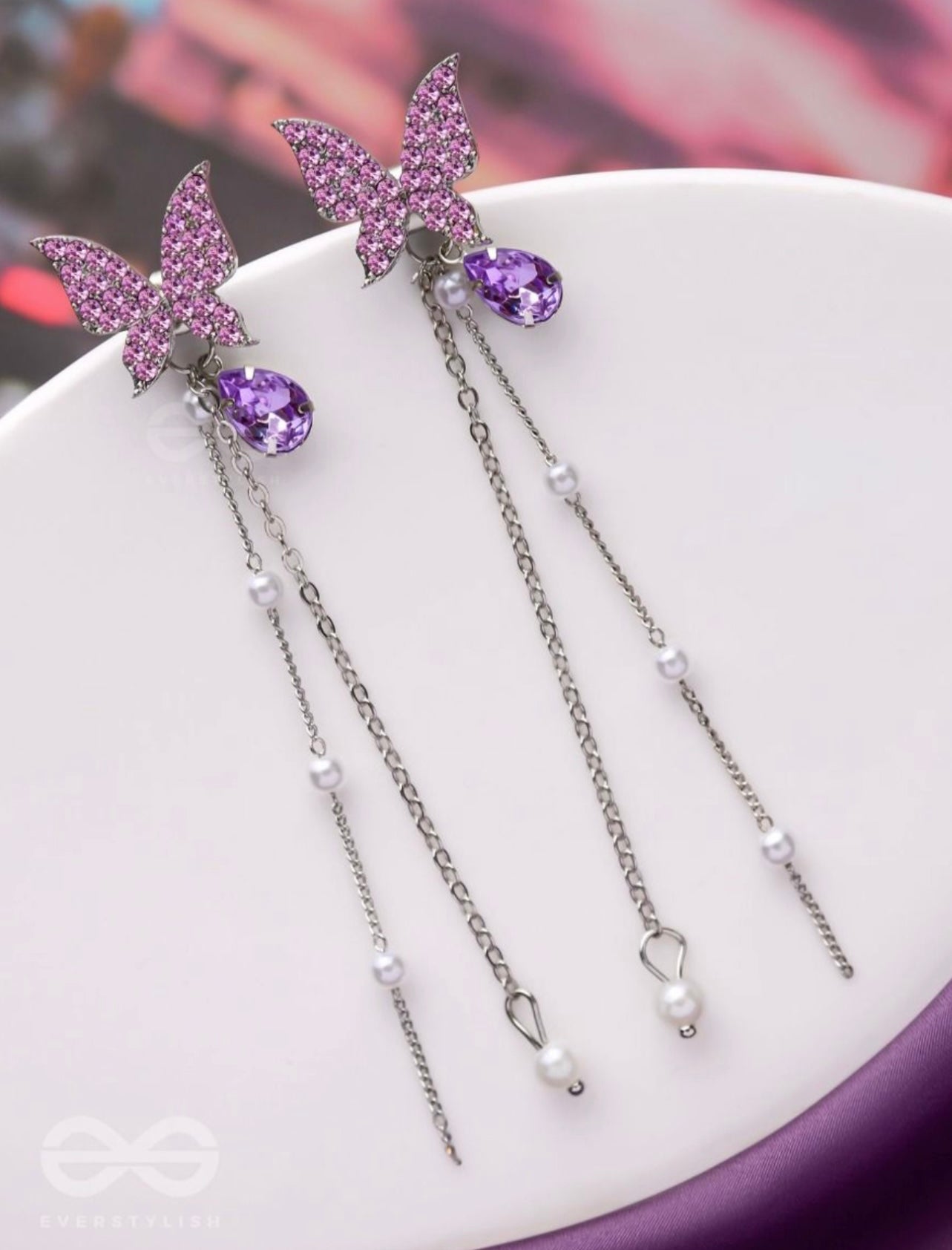 Purple butterfly tassel earrings